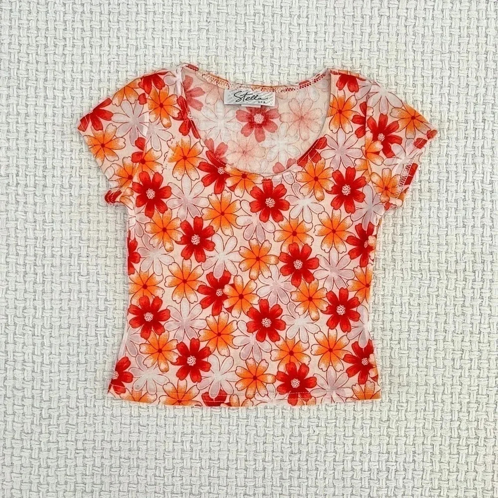Vintage 90’s Floral Cropped Mesh Baby Tee - Picture 2 of 6